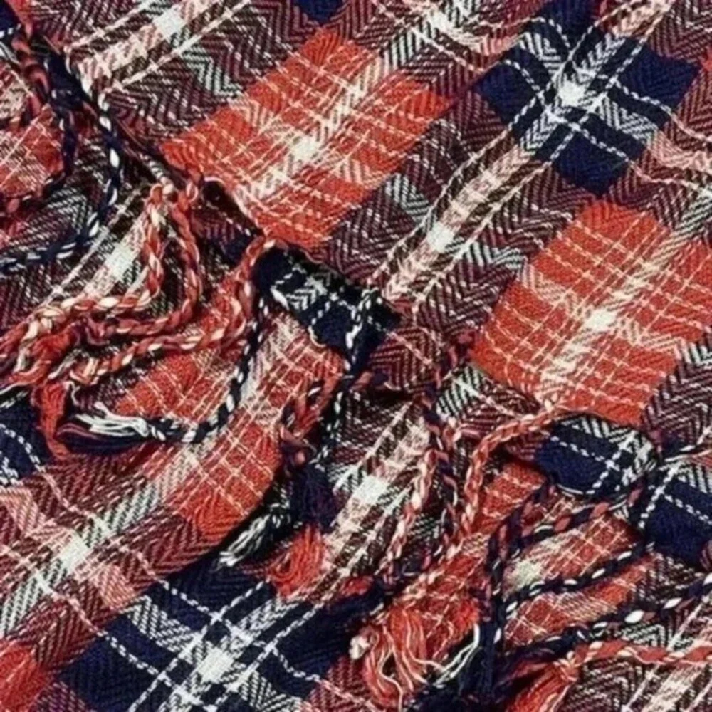 Sole Society Red Navy Blue Plaid Fringe Scarf Lightweight Herringbone Wrap